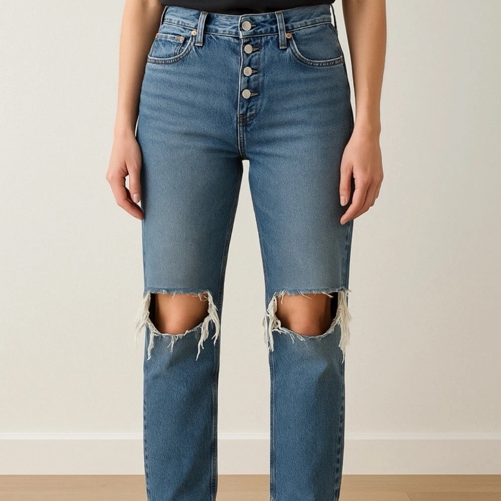 Topshop Button-Fly Distressed Blue Jeans